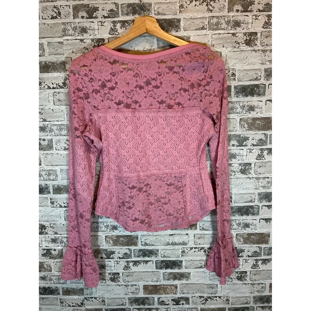 Free People Lace Top Women XS Orchid Smoke Floral Bell Sleeve Sheer Boho NEW